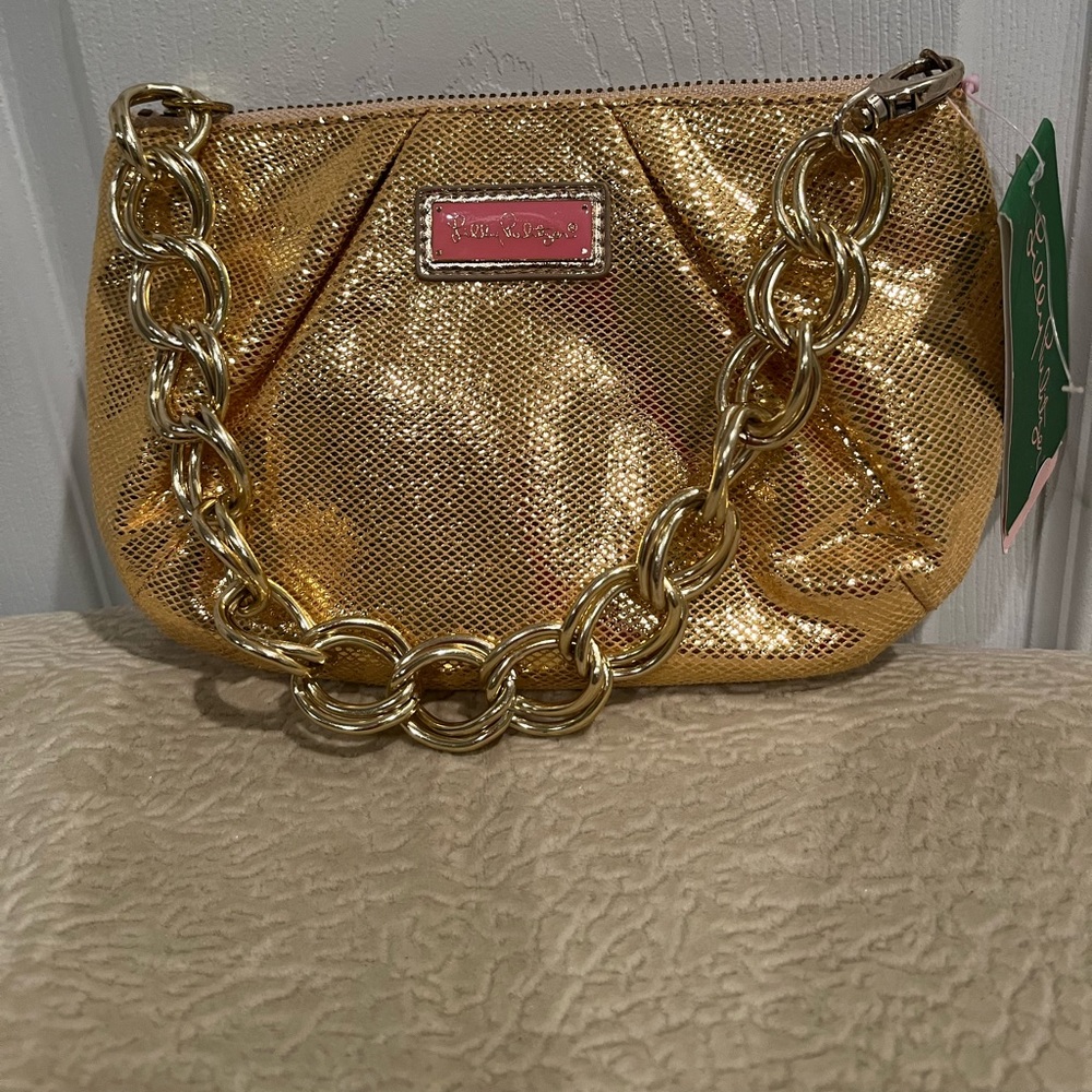 NWT Lilly Pulitzer gold metallic clutch with gold chain - classic and vintage!